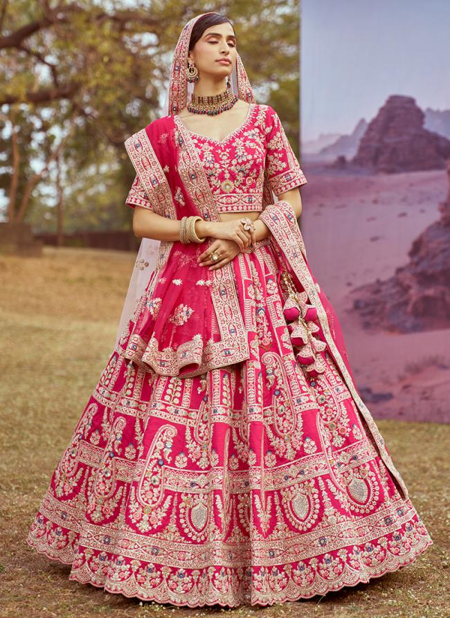 Silk Pink Bridal Wear Stone Beads Work Lehenga Choli